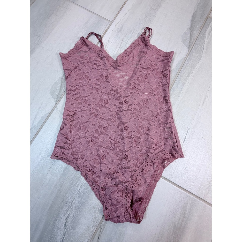 Anthropologie Floral Lace Bodysuit Dusty Rose Pink V-Neck Adjustable Straps L